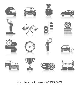 Auto sport black icons set with fire wheel start flag cup isolated vector illustration