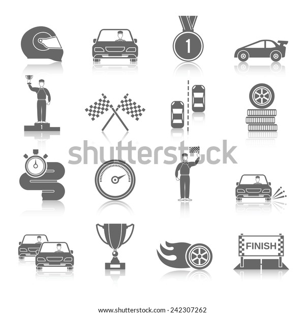 Auto sport black icons set with fire\
wheel start flag cup isolated vector\
illustration