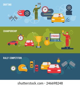 Auto sport flat banner set with drifting championship rally competition isolated vector illustration