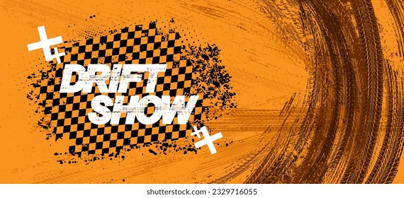 Auto sport grunge banner with tire tracks, drift show, racing, rally. Themed background for a car show, with tread marks on the pavement, a racing flag, drift rings. Wheel tread marks vector banner