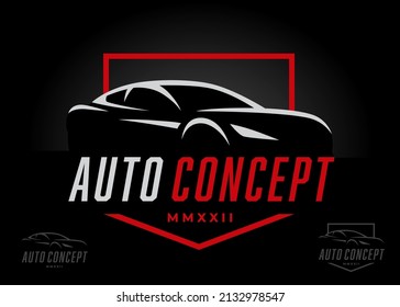 Auto sports car logo design concept. Supercar silhouette icon. Motor vehicle dealership showroom badge. Automotive performance garage workshop symbol. Vector illustration.