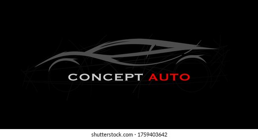 Auto-Sportwagen Silhouette Konzept. Supercar Showroom-Emblem. Logo-Design für den Leistungsvertrieb von Kraftfahrzeugen. Vektorgrafik.