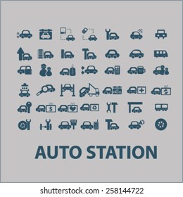 auto station, car services isolated icons, signs, illustrations design concept set for web, internet, application, vector