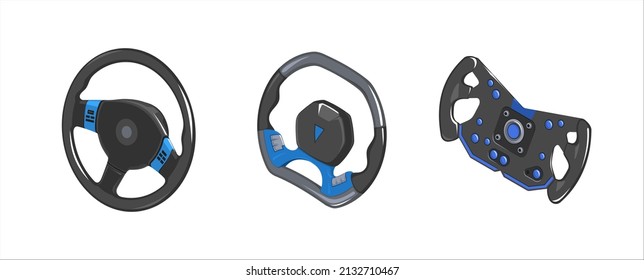 Auto steering wheel in isometry. Set of different auto wheels. Racing steering wheels in isometrics. 3d vector steering wheels in cartoon style. Game icons auto steering wheels. Illustration 