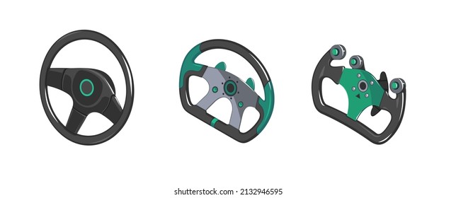 Auto steering wheel in isometry. Set of different auto  wheels. Racing steering wheels in isometrics. 3d vector steering wheels in cartoon style. Game icons auto steering wheels. Illustration 