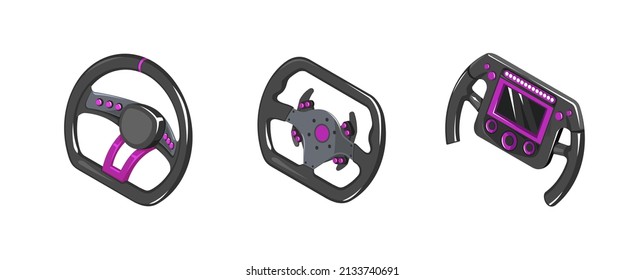 Auto steering wheel in isometry. Set of different auto  wheels. Racing steering wheels in isometrics. 3d vector steering wheels in cartoon style. Game icons auto steering wheels. Illustration 