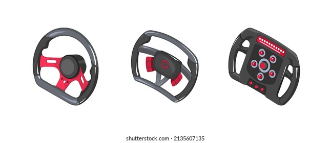 Auto steering wheel in isometry. Set of different auto wheels. Racing steering wheels in isometrics. 3d vector steering wheels in cartoon style. Game icons auto steering wheels. Illustration 