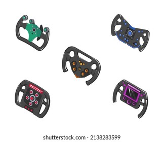 Auto steering wheel in isometry. Set of different auto wheels. Racing steering wheels in isometrics. 3d vector steering wheels in cartoon style. Game icons auto steering wheels. Illustration 