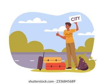 Auto stop concept. Man with colorful luggage stand near highway. Trip and travel, tourism. Young guy with sign with inscription city near suitcases. Cartoon flat vector illustration