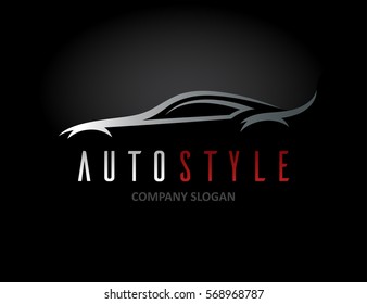 Auto style car logo design with concept sports vehicle icon silhouette on black background. Vector illustration.