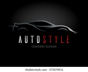 Auto style car logo design with abstract concept sports vehicle icon silhouette on black background. Vector illustration.