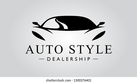 Auto style dealership super car logo design with concept sports vehicle icon silhouette on light gray background. Vector illustration