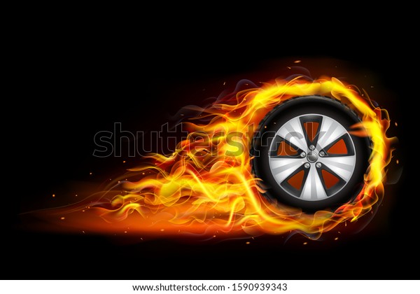 Auto tire in fire, burning wheel, hot car tire –\
stock vector