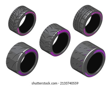 Auto Tire In Isometry. Set Of Car Tires With Different Treads. Different 3d Auto Tire. Auto Tire Icons On White Background. Tire Clipart With Different Tread Pattern. EPS 10 Vector Illustration