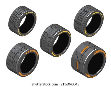 Auto Tire In Isometry. Set Of Car Tires With Different Treads. Different 3d Auto Tire. Auto Tire Icons On White Background. Tire Clipart With Different Tread Pattern. EPS 10 Vector Illustration