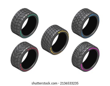 Auto Tire In Isometry. Set Of Car Tires With Different Treads. Different 3d Auto Tire. Auto Tire Icons On White Background. Tire Clipart With Different Tread Pattern. EPS 10 Vector Illustration