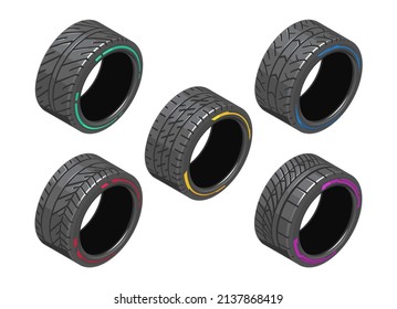 Auto Tire In Isometry. Set Of Car Tires With Different Treads. Different 3d Auto Tire. Auto Tire Icons On White Background. Tire Clipart With Different Tread Pattern. EPS 10 Vector Illustration