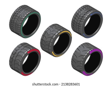 Auto Tire In Isometry. Set Of Car Tires With Different Treads. Different 3d Auto Tire. Auto Tire Icons On White Background. Tire Clipart With Different Tread Pattern. EPS 10 Vector Illustration