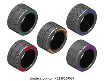 Auto Tire In Isometry. Set Of Car Tires With Different Treads. Different 3d Auto Tire. Auto Tire Icons On White Background. Tire Clipart With Different Tread Pattern. EPS 10 Vector Illustration