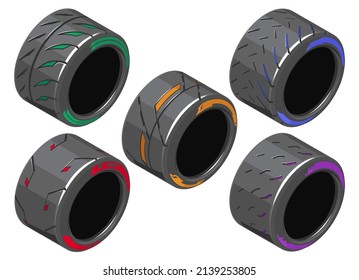 Auto Tire In Isometry. Set Of Car Tires With Different Treads. Different 3d Auto Tire. Auto Tire Icons On White Background. Tire Clipart With Different Tread Pattern. EPS 10 Vector Illustration