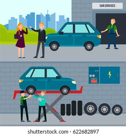 Auto and tire services horizontal banners with car repair workshop and mechanics changing wheel in garage vector illustration