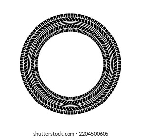 Auto tire tread circle frame. Car and motorcycle tire pattern, wheel tyre tread track print. Black tyre round border. Vector illustration isolated on white background.