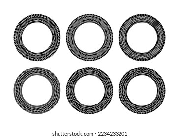 Auto tire tread circle frames set. Car and motorcycle tire pattern, wheel tyre tread track print. Black tyre round border. Vector illustration isolated on white background.