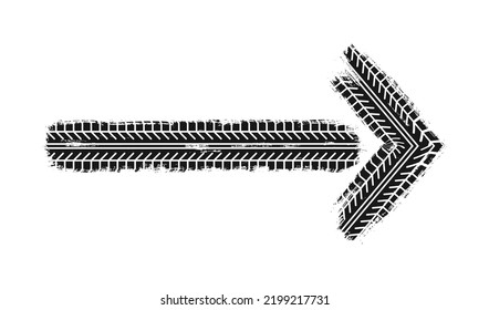 Auto tire tread grunge arrow. Car and motorcycle tire pattern, wheel tyre tread track. Direction arrow. Black tyre print. Vector illustration isolated on white background.