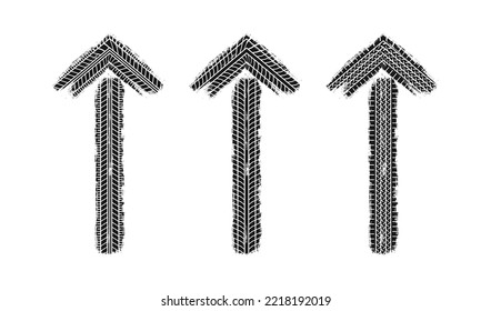 Flecha de banda de rodadura de neumático automática. Patrón de neumático de automóvil y motocicleta, pista de rodadura de neumáticos de rueda. Flecha de dirección. Impresión de neumáticos negros. Ilustración vectorial aislada en fondo blanco.