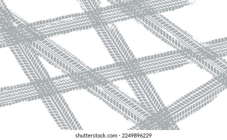 Autoreifen-Lauffläche, grauer Hintergrund. Auto- und Motorradreifenmuster, Radreifen-Lauffläche. Schwarzer Reifendruck. Vektorgrafik einzeln auf weißem Hintergrund.