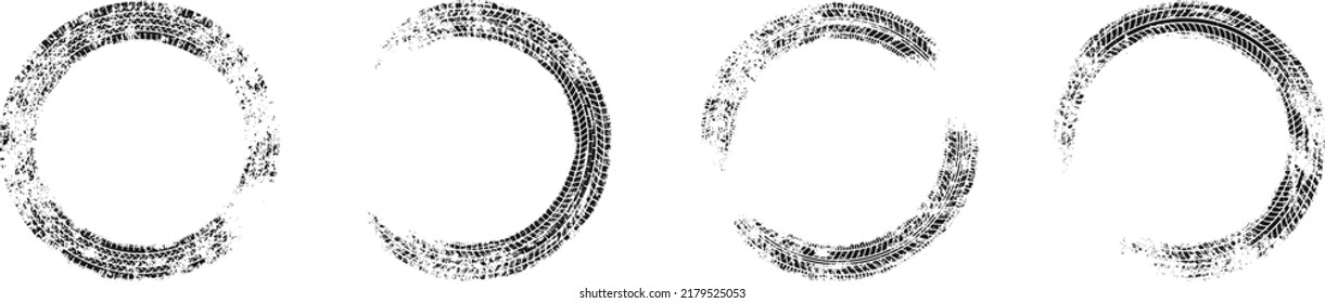 Auto tire tread grunge circle frames set. Car and motorcycle tire pattern, wheel tyre tread track. Black tyre round border. Vector illustration isolated on white background.