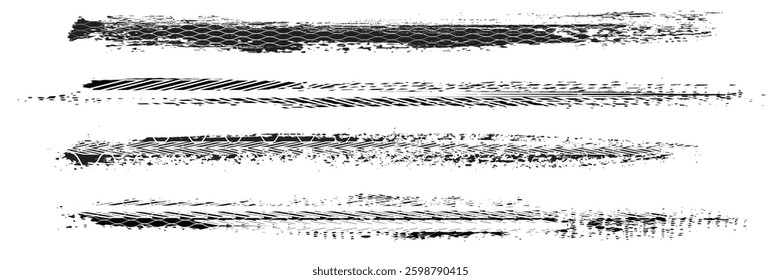 Auto tire tread grunge circle frames set. Car and motorcycle tire pattern, wheel tyre tread track. Black tyre round border. Vector illustration isolated on white background.