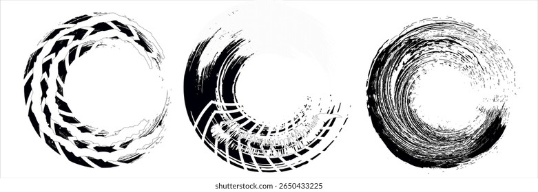 Auto pneu piso grunge círculo quadros definido. Modelo de pneus para automóveis e motociclos, pista do piso dos pneus das rodas. Borda redonda de pneu preto. Ilustração vetorial isolada sobre fundo branco.
