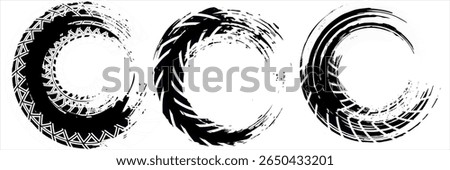 Auto tire tread grunge circle frames set. Car and motorcycle tire pattern, wheel tyre tread track. Black tyre round border. Vector illustration isolated on white background.