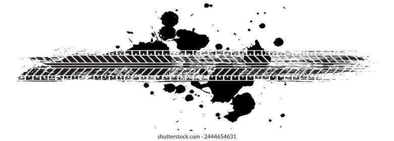 Reifenlauffläche-Grunge-Element für Autoreifen. Auto- und Motorrad-Reifenmuster, Laufflächenmarkierungen der Räder. Schwarzer Reifenprint. Vektorillustration isoliert auf weißem Hintergrund. Vektorillustration