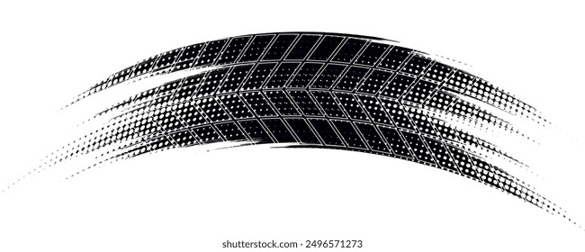Reifenlaufflächen-Grunge-Element für Autoreifen. Auto- und Motorradreifen Muster, Radreifen Lauffläche Spur. Schwarzer Reifenabdruck. Vektorgrafik einzeln auf weißem Hintergrund.