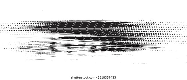 Auto pneu piso grunge elemento. Modelo de pneus para automóveis e motociclos, pista do piso dos pneus das rodas. Impressão de pneu preto. Ilustração vetorial isolada sobre fundo branco.