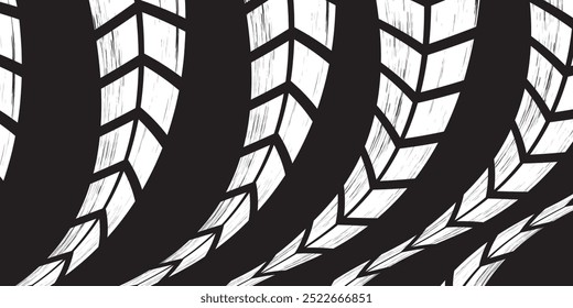 Auto pneu piso grunge elemento. Modelo de pneus para automóveis e motociclos, pista do piso dos pneus das rodas. Impressão de pneu preto. Ilustração vetorial isolada sobre fundo branco.