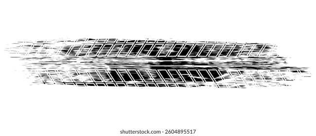Auto tire tread grunge element. Car and motorcycle tire pattern, wheel tyre tread track. Black tyre print. Vector illustration isolated on white background.