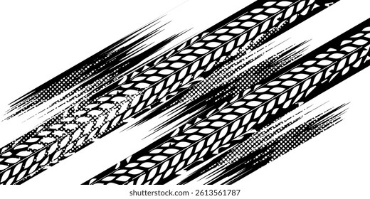 Auto tire tread grunge element. Car and motorcycle tire pattern, wheel tyre tread track. Black tyre print. geometric abstract.
