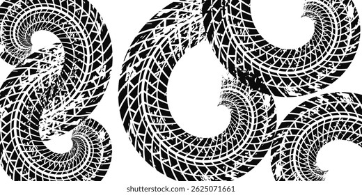 Auto tire tread grunge element. Car and motorcycle tire pattern, wheel tyre tread track. Black tyre print.