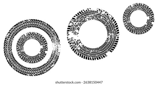 Auto tire tread grunge element. Car and motorcycle tire pattern, wheel tyre tread track. Black tyre print.