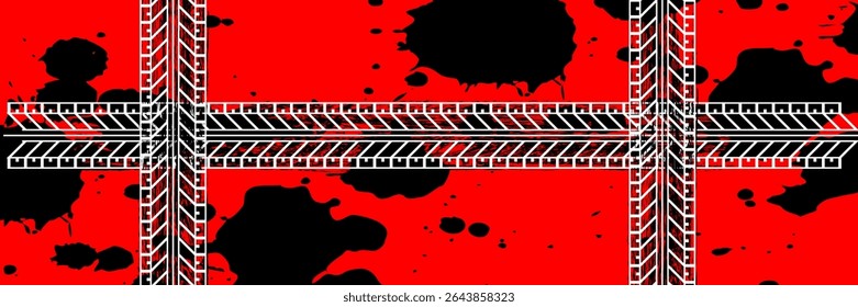 Auto tire tread grunge element. Car and motorbike tire patterns, wheel tire tread marks. Black tire print. Vector illustration isolated on red background. Vector Illustration