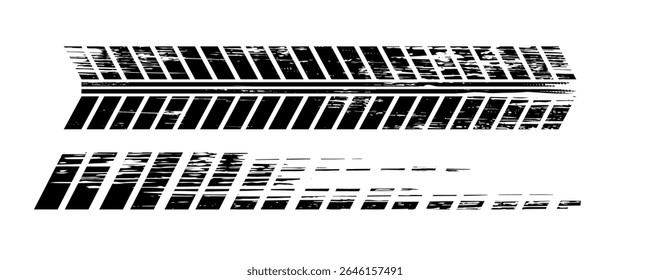 Auto pneu piso grunge elemento. Modelo de pneus para automóveis e motociclos, pista do piso dos pneus das rodas. Impressão de pneu preto. Ilustração vetorial isolada sobre fundo branco.