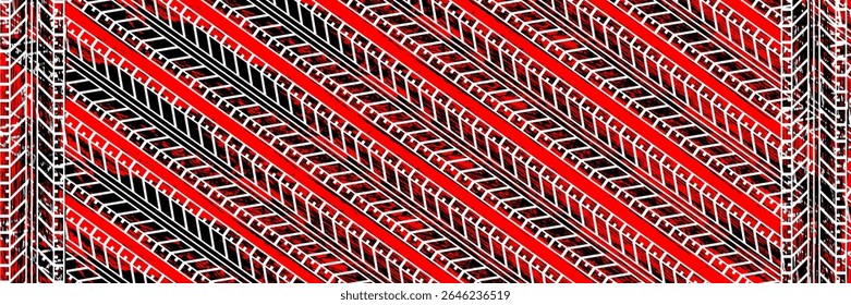 Auto pneu piso grunge elemento. Modelos de pneus para automóveis e motociclos, marcas de piso de pneus de rodas. Impressão de pneu preto. Ilustração vetorial isolada no plano de fundo vermelho. Ilustração de vetor