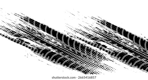 Auto tire tread grunge element. Car and motorcycle tire pattern, wheel tyre tread track. Black tyre print. Vector illustration isolated on white background.
