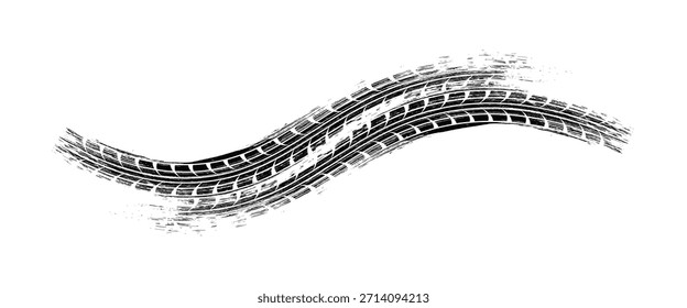 Elemento grunge de la banda de rodadura del neumático automático. Patrones de neumáticos de automóviles y motos, marcas de la banda de rodadura de las ruedas. Estampado de neumático negro. Ilustración vectorial