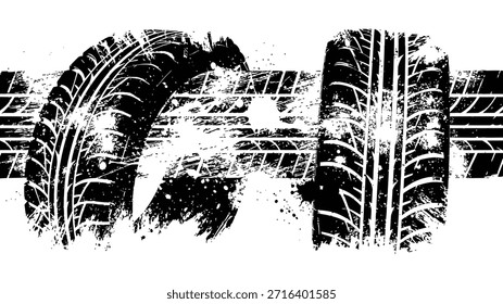 Elemento grunge de la banda de rodadura del neumático automático. Patrón de neumático de coche y motocicleta, pista de la banda de rodadura del neumático de rueda. Impresión de neumático negro. Vector de fondo eps 10