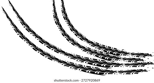 Elemento grunge de la banda de rodadura del neumático automático. Patrón de neumático de coche y motocicleta, pista de la banda de rodadura del neumático de rueda. Estampado de neumático negro. Ilustración vectorial aislada sobre fondo blanco.	
