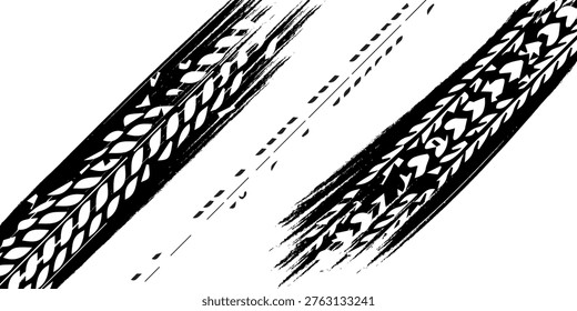 Auto tire tread grunge element. Car and motorcycle tire pattern, wheel tyre tread track. Black tyre print. Modern Vector Ilustration
